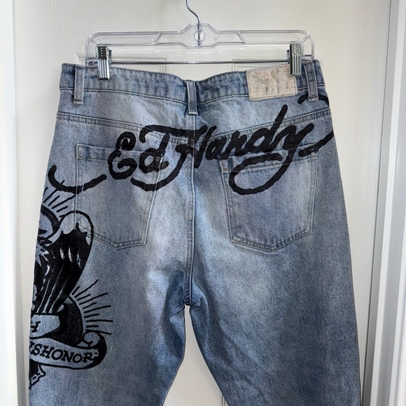 Ed Hardy Death Before Dishonor Jeans Distressed Mens 32x29 Streetwear Edgy Punk - Picture 4 of 12